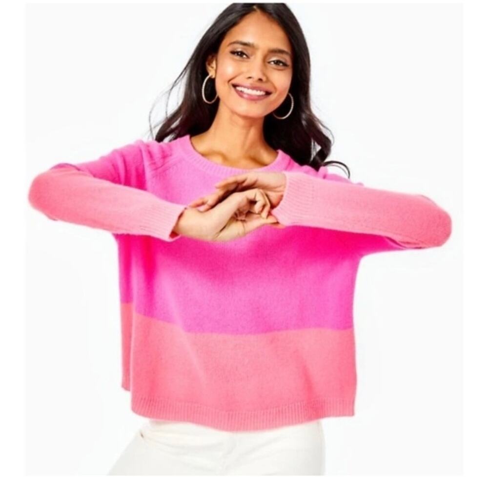 Lilly Pulitzer 100% Cashmere Sweater M Medium Colorblock Pink Coral Crewneck